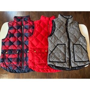 Bundle of 3 J Crew Quilted Puffer Vest Red Buffalo Plaid Zip Pockets Womens S